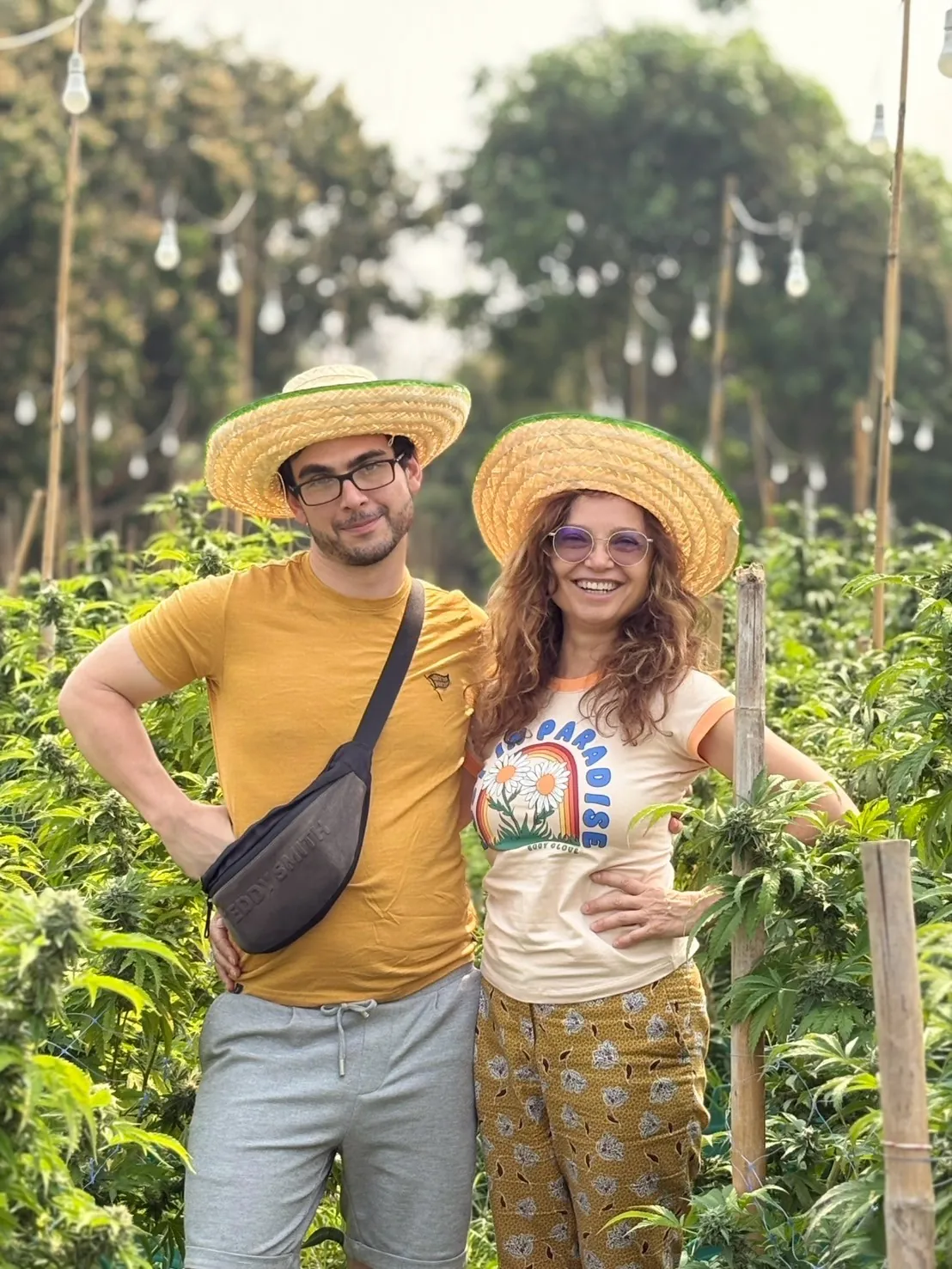 Travellers posing among flowering cannabis plants at Happy Herb Farm